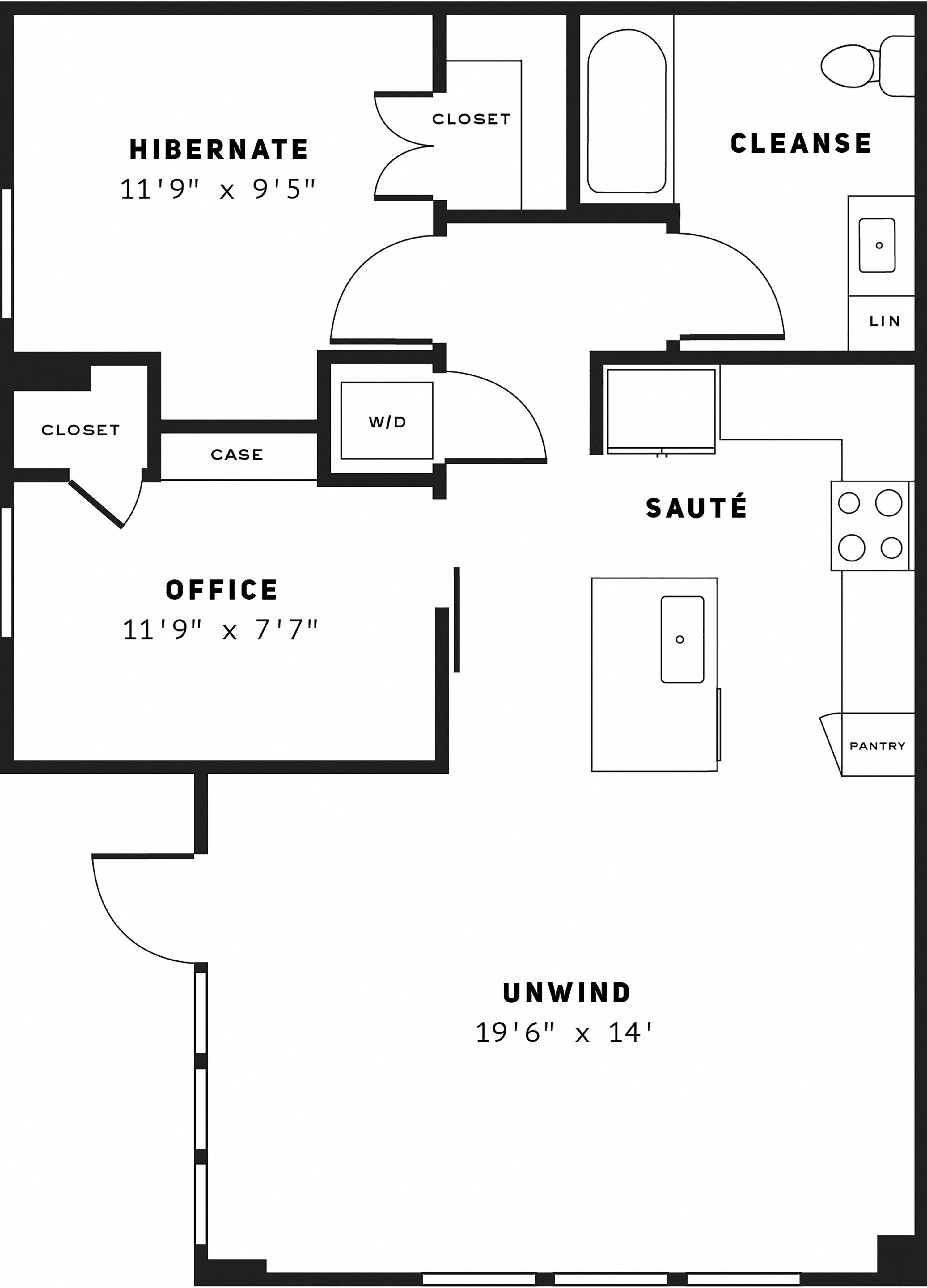 Floor plan for 1 bed, 1 bath, 860 sqft